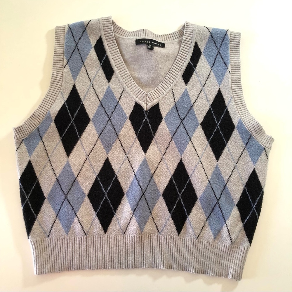 Haute Monde Argyle Sweater Vest Women’s XL Gray, Navy Blue, Light Blue, Viscose - Picture 2 of 8